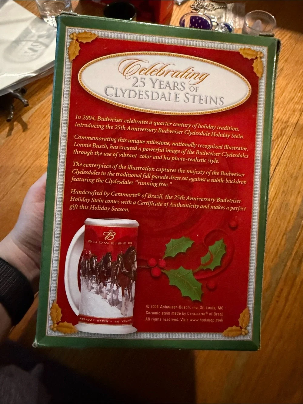 Budweiser Red and Green Holiday Stein with Clydesdales